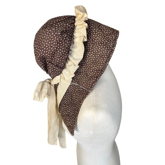 Vintage Handmade Brown Prairie Bonnet Cream Floral Pattern & Ruffle Trim ASO Lit - Picture 5 of 7